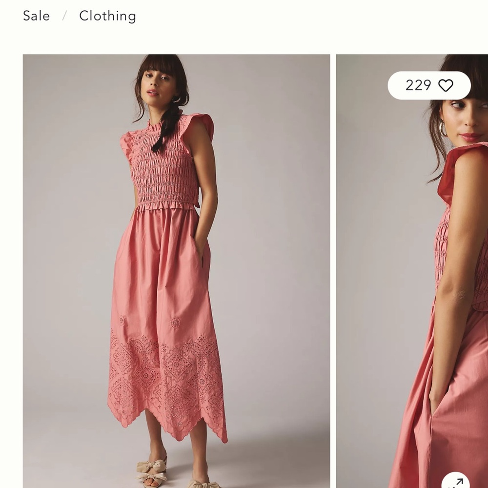 Moon River by Anthropology Coral Peach Smocked Midi Eyelet Dress Size XS/S
